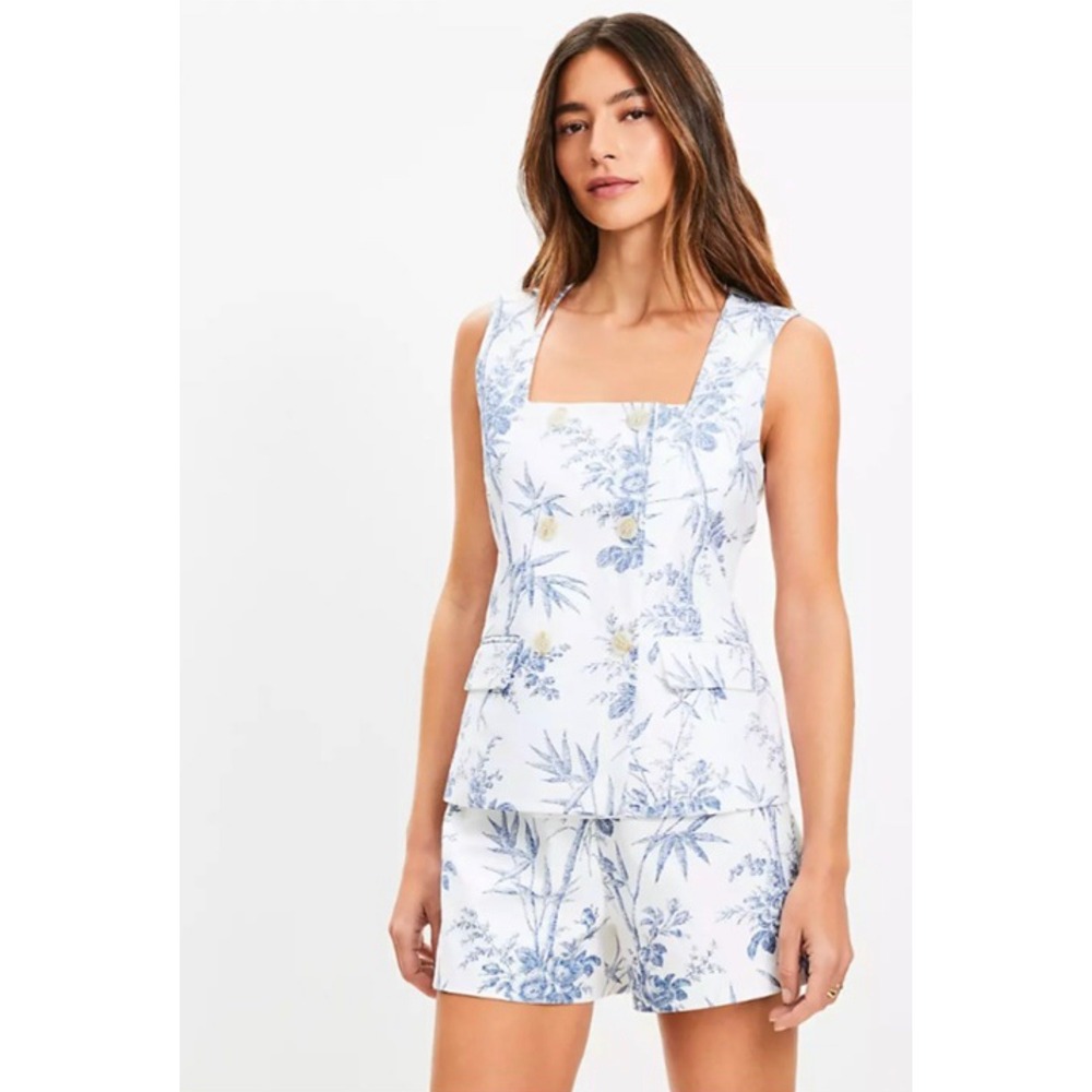 LOFT Toile Floral Linen Cotton Double Breasted Vest Blue White XXL NEW!